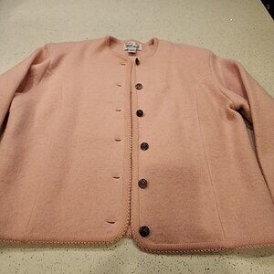 Vintage Tally ho Pollak Wool Women's Sweater Large Pink Cardigan Gold Button